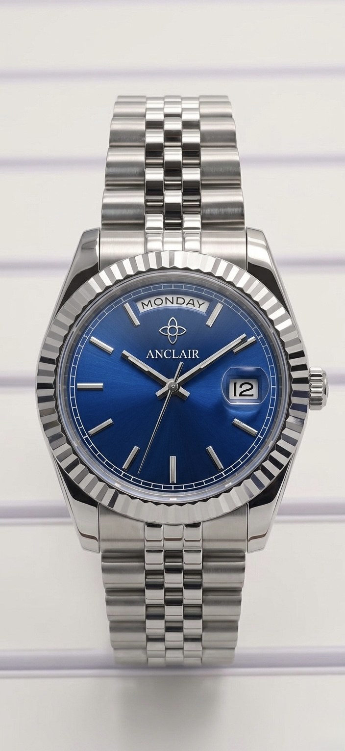 L'Apogée — montre Day-Date acier cadran bleu nuit