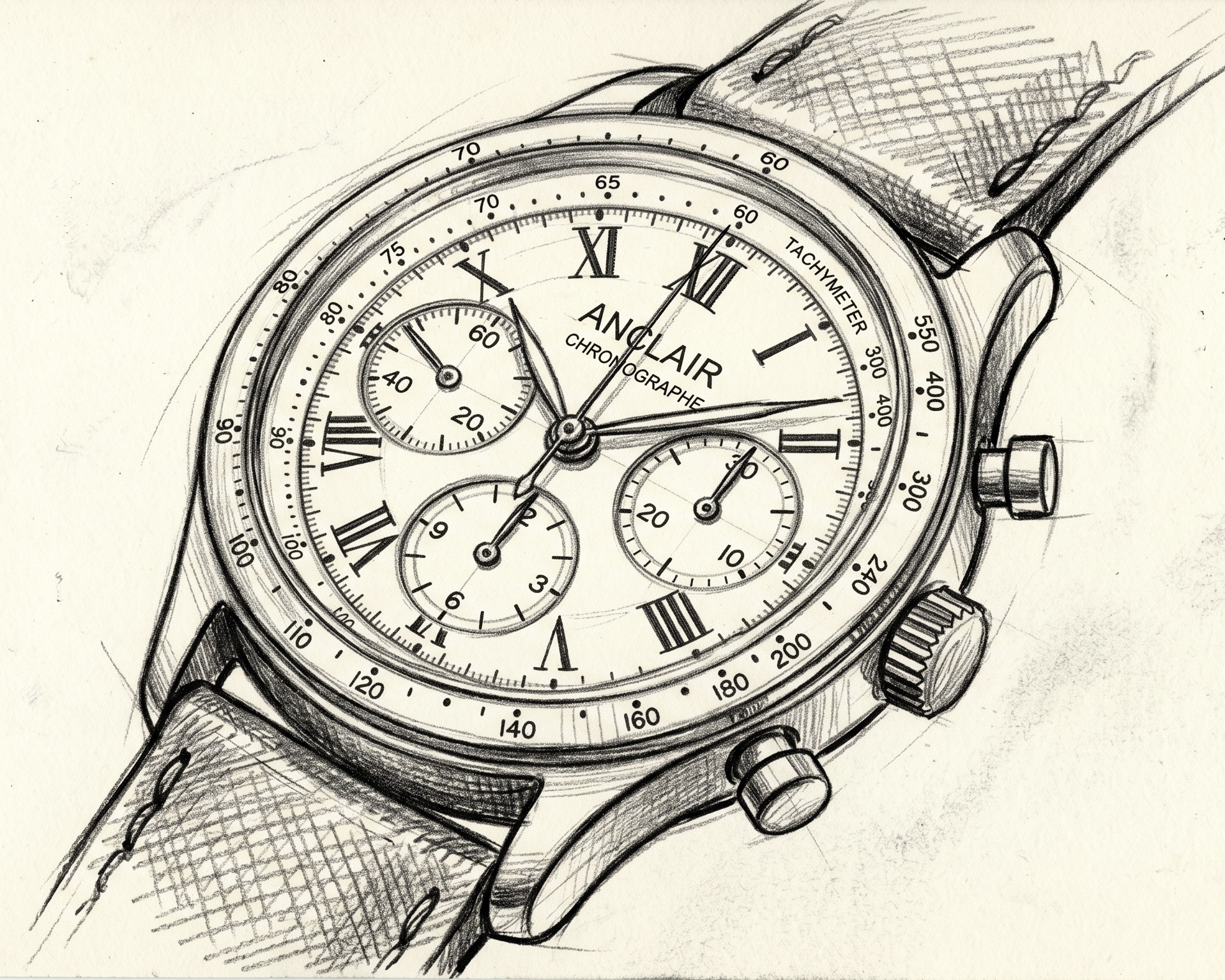Croquis original d'un chronographe ANCLAIR — les premiers dessins de la Maison