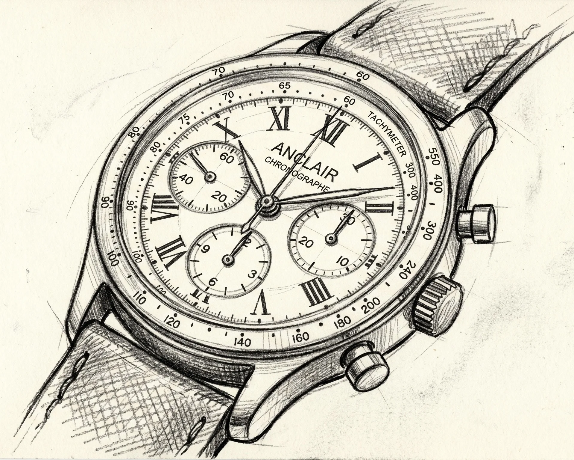 Croquis original d'un chronographe ANCLAIR — les premiers dessins de la Maison